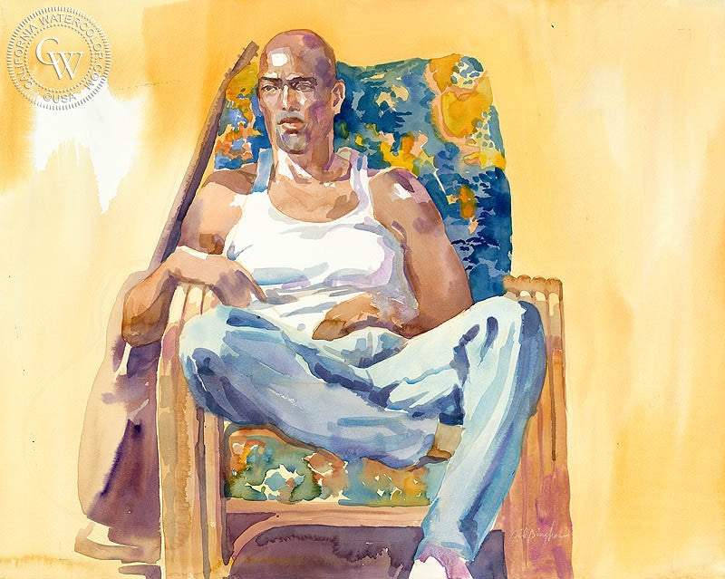 Break Time, Michael in Blue Chair, watercolor painting by Sid Bingham  (American art). Fine art giclée print reproduction by California Watercolor for wall decor.