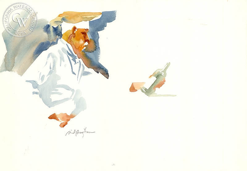 Checking the Vintage, watercolor painting by Sid Bingham  (American art). Fine art giclée print reproduction by California Watercolor for wall decor.