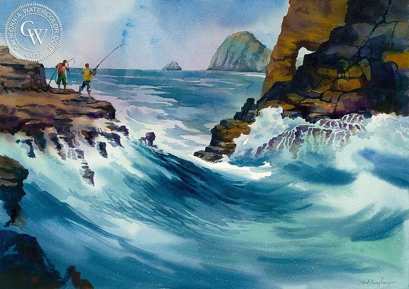 Fishing on Koko Head, Oahu, watercolor painting by Sid Bingham  (American art). Fine art giclée print reproduction by California Watercolor for wall decor.