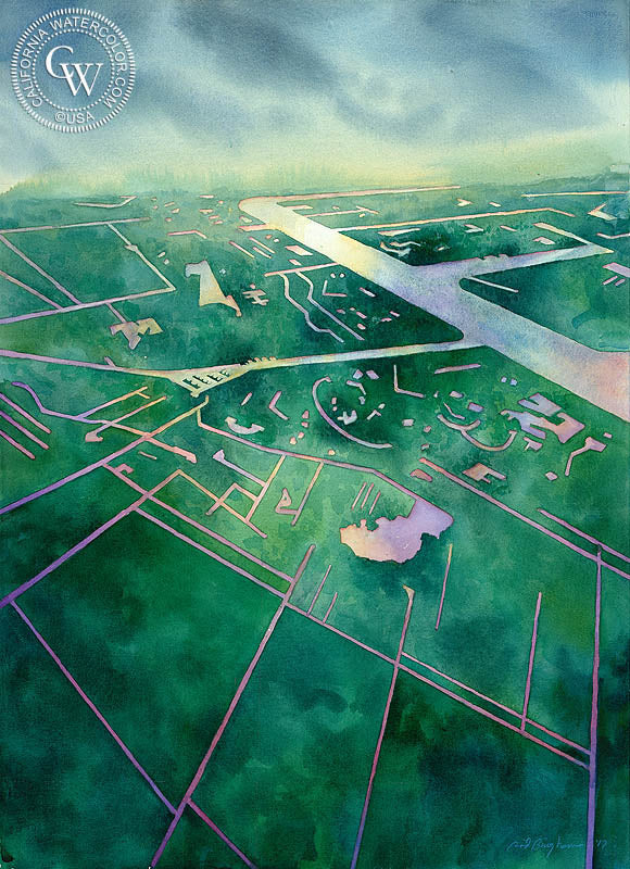 Flight Into Amsterdam, watercolor painting by Sid Bingham  (American art). Fine art giclée print reproduction by California Watercolor for wall decor.