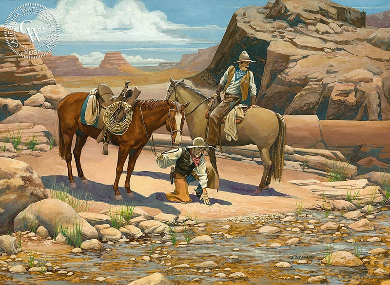 Hard Tracking, 1987, watercolor painting by Sid Bingham  (American art). Fine art giclée print reproduction by California Watercolor for wall decor.
