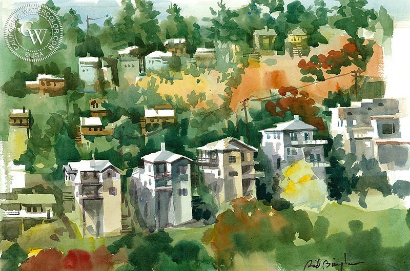 Hillside from S.W. Museum, Los Angeles, watercolor painting by Sid Bingham  (American art). Fine art giclée print reproduction by California Watercolor for wall decor.