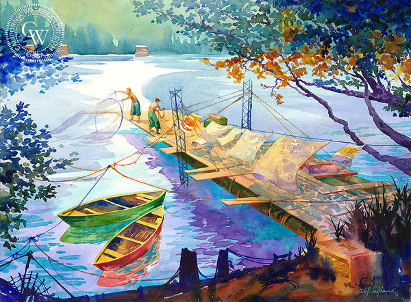 Indians Salmon Fishing, Columbia River, a California watercolor painting by Sid Bingham. HD giclee art prints for sale at CaliforniaWatercolor.com - original California paintings, & premium giclee prints for sale