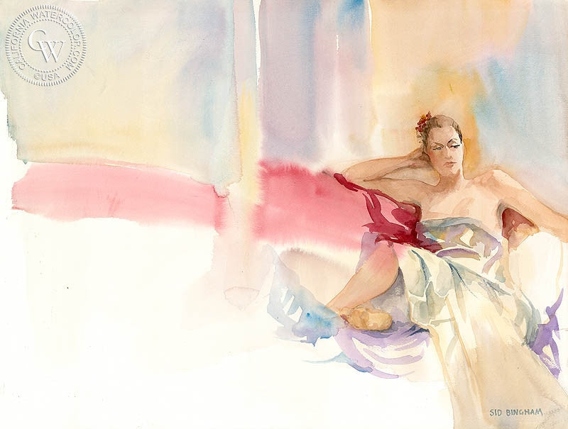 Lady at Thought, watercolor painting by Sid Bingham  (American art). Fine art giclée print reproduction by California Watercolor for wall decor.