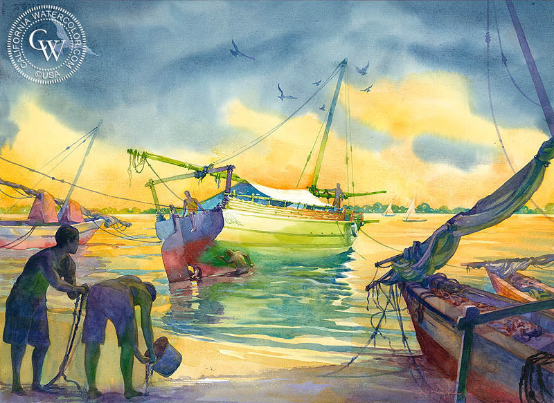 Lamu Island, Kenya, watercolor painting by Sid Bingham  (American art). Fine art giclée print reproduction by California Watercolor for wall decor.