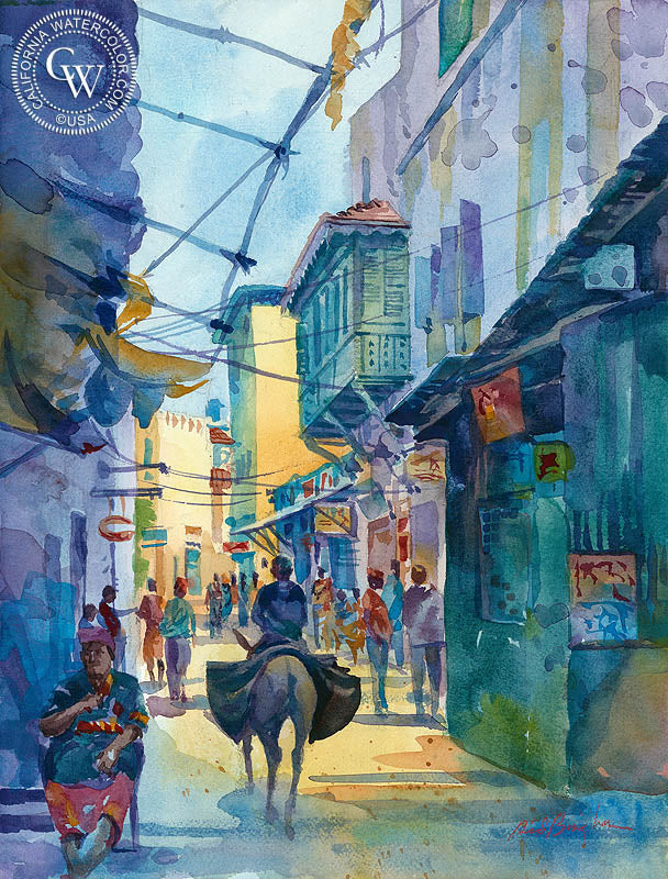Street on Lamu Island, Kenya, watercolor painting by Sid Bingham  (American art). Fine art giclée print reproduction by California Watercolor for wall decor.
