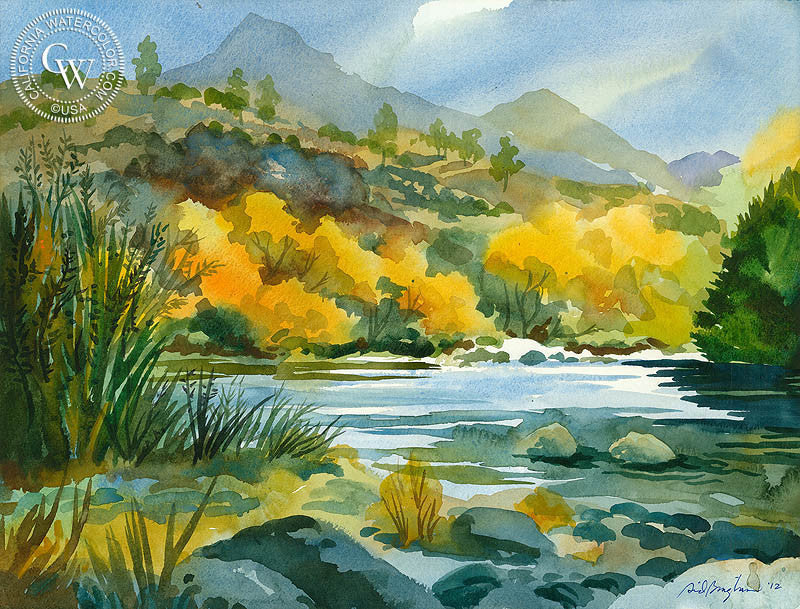 Late Afternoon Light, Kern River, watercolor painting by Sid Bingham  (American art). Fine art giclée print reproduction by California Watercolor for wall decor.