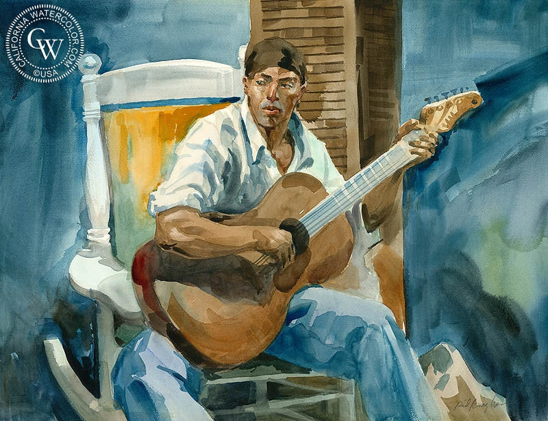 Michael with Guitar, watercolor painting by Sid Bingham  (American art). Fine art giclée print reproduction by California Watercolor for wall decor.