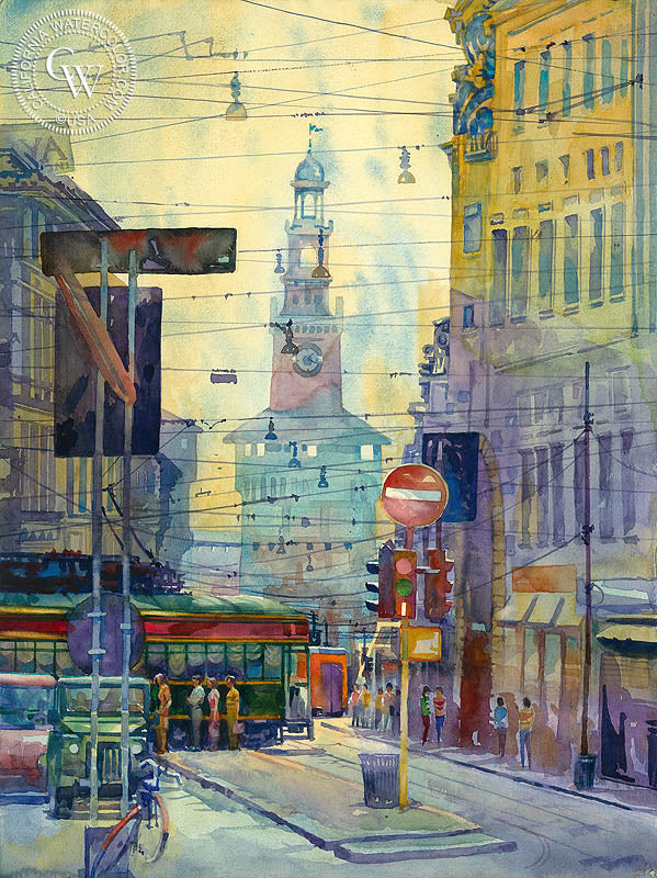 Milan, Italy, watercolor painting by Sid Bingham  (American art). Fine art giclée print reproduction by California Watercolor for wall decor.