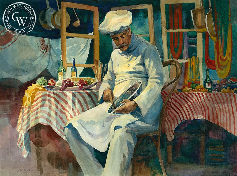 Mixing, watercolor painting by Sid Bingham  (American art). Fine art giclée print reproduction by California Watercolor for wall decor.