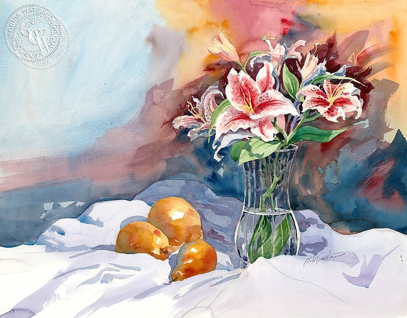 Oranges, watercolor painting by Sid Bingham  (American art). Fine art giclée print reproduction by California Watercolor for wall decor.
