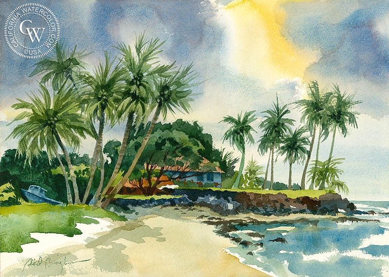 Poipu, Kauai, watercolor painting by Sid Bingham  (American art). Fine art giclée print reproduction by California Watercolor for wall decor.