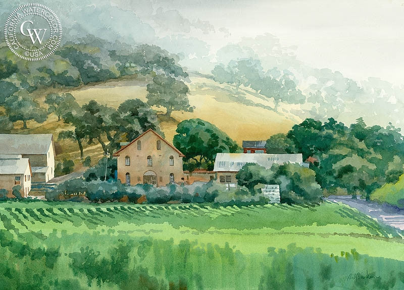 Regusci Winery, Silverado Trail, Napa, watercolor painting by Sid Bingham  (American art). Fine art giclée print reproduction by California Watercolor for wall decor.