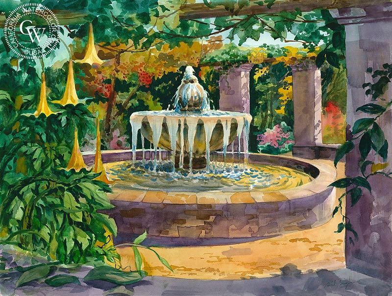 Spring at the Mexican Fountain, Descanso Gardens, watercolor painting by Sid Bingham  (American art). Fine art giclée print reproduction by California Watercolor for wall decor.