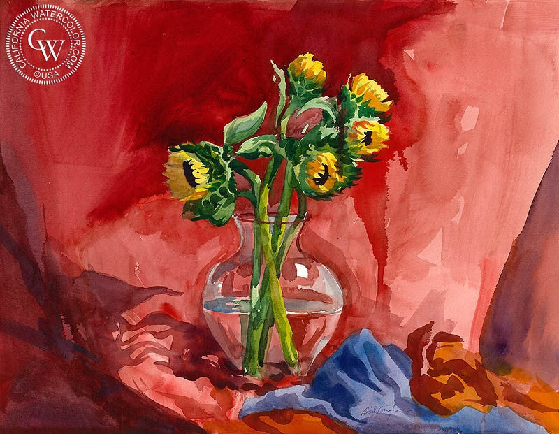 Sunflowers in Vase, watercolor painting by Sid Bingham  (American art). Fine art giclée print reproduction by California Watercolor for wall decor.