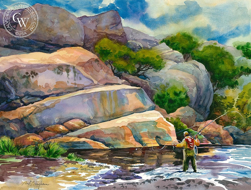 The Game Begins, Kern River, Sequoia National Forest, watercolor painting by Sid Bingham  (American art). Fine art giclée print reproduction by California Watercolor for wall decor.