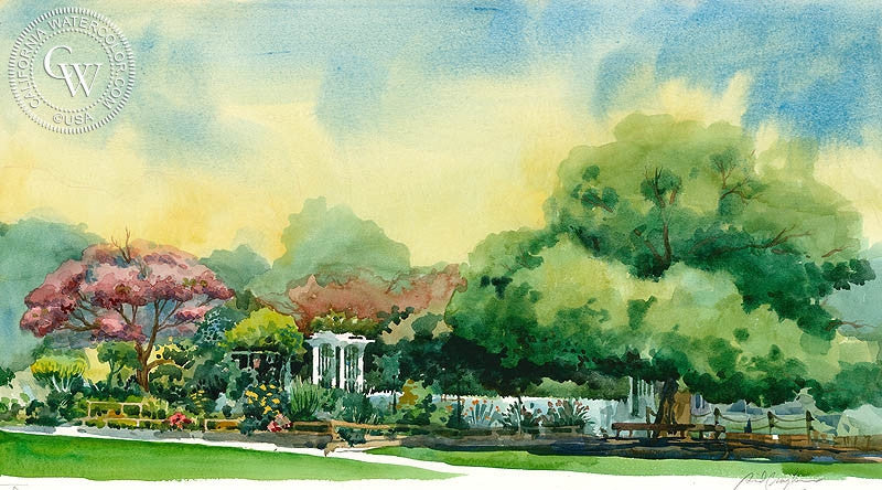 The Gate, Los Angeles County Arboretum, watercolor painting by Sid Bingham  (American art). Fine art giclée print reproduction by California Watercolor for wall decor.