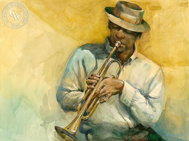 Trumpet Player 2, watercolor painting by Sid Bingham  (American art). Fine art giclée print reproduction by California Watercolor for wall decor.
