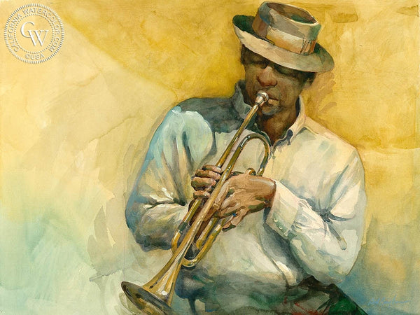 Trumpet Player 2, California art by Sid Bingham. HD giclee art prints for sale at CaliforniaWatercolor.com - original California paintings, & premium giclee prints for sale