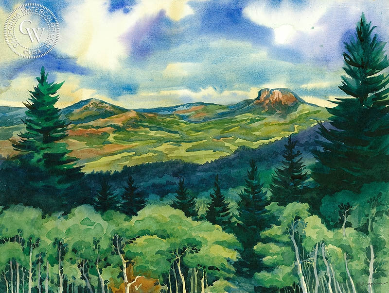 View from Bugle Ridge, Quaker Mountain, watercolor painting by Sid Bingham  (American art). Fine art giclée print reproduction by California Watercolor for wall decor.