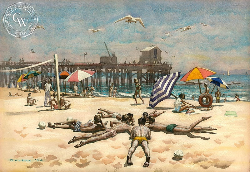 Goleta Beach, 1954, watercolor painting by Standish Backus Jr.  (American art). Fine art giclée print reproduction by California Watercolor for wall decor.