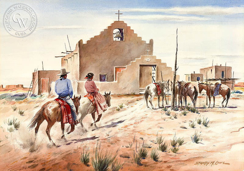 Navajo Riders, watercolor painting by Stanley Long  (American art). Fine art giclée print reproduction by California Watercolor for wall decor.