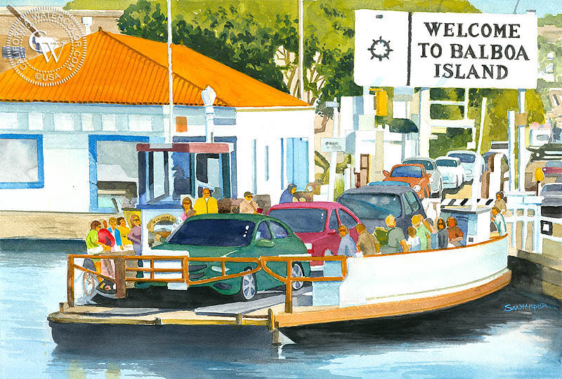 Balboa Ferry, watercolor painting by Steve Santmyer  (American art). Fine art giclée print reproduction by California Watercolor for wall decor.