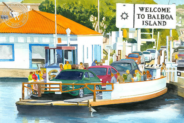 Balboa Ferry, California watercolor art by Steve Santmyer. HD giclee art prints for sale at CaliforniaWatercolor.com - original California paintings, & premium giclee prints for sale