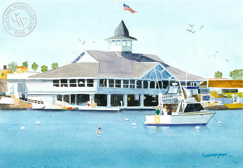 Balboa Pavilion, watercolor painting by Steve Santmyer  (American art). Fine art giclée print reproduction by California Watercolor for wall decor.