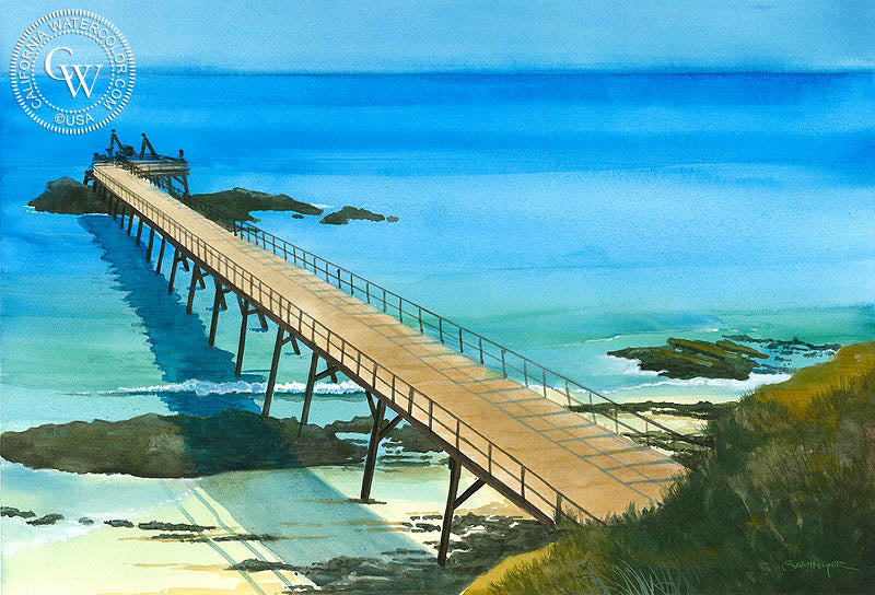 Building the Main Beach Pier, Laguna Beach, c. 1920s, watercolor painting by Steve Santmyer  (American art). Fine art giclée print reproduction by California Watercolor for wall decor.