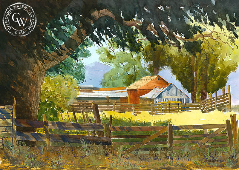 Farm Outside Bishop, CA, watercolor painting by Steve Santmyer  (American art). Fine art giclée print reproduction by California Watercolor for wall decor.