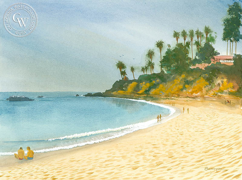 Main Beach, Laguna Beach, watercolor painting by Steve Santmyer  (American art). Fine art giclée print reproduction by California Watercolor for wall decor.
