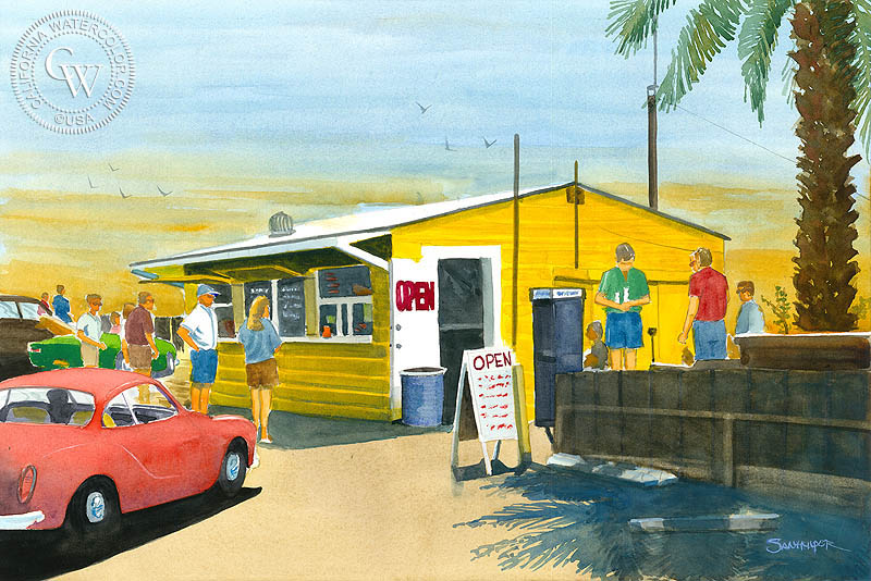 Shake Shack, Crystal Cove Around 1960, watercolor painting by Steve Santmyer  (American art). Fine art giclée print reproduction by California Watercolor for wall decor.