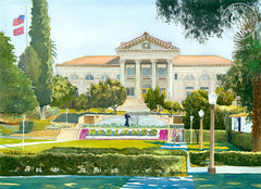 University of Redlands, California watercolor art by Steve Santmyer. HD giclee art prints for sale at CaliforniaWatercolor.com - original California paintings, & premium giclee prints for sale