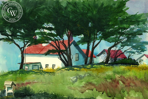 Battery Point, watercolor painting by Steve Santmyer  (American art). Fine art giclée print reproduction by California Watercolor for wall decor.