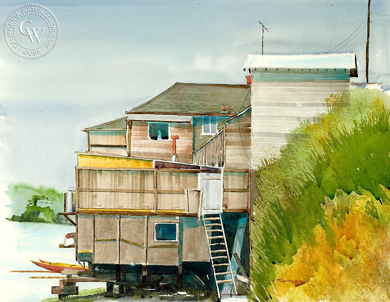 Bay House, watercolor painting by Steve Santmyer  (American art). Fine art giclée print reproduction by California Watercolor for wall decor.