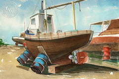Boat on Oil Drums, California art by Steve Santmyer. HD giclee art prints for sale at CaliforniaWatercolor.com - original California paintings, & premium giclee prints for sale