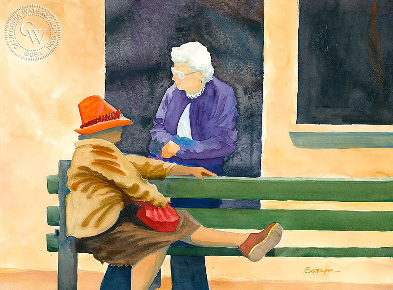Bus Stop, watercolor painting by Steve Santmyer  (American art). Fine art giclée print reproduction by California Watercolor for wall decor.