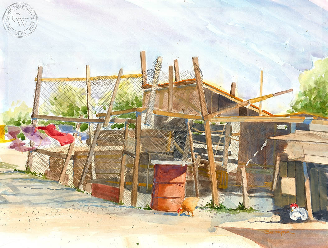 Chicken Coop, watercolor painting by Steve Santmyer  (American art). Fine art giclée print reproduction by California Watercolor for wall decor.