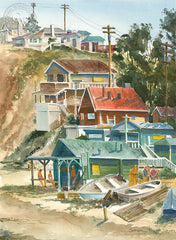 Crystal Cove Around 1960, California art by Steve Santmyer. HD giclee art prints for sale at CaliforniaWatercolor.com - original California paintings, & premium giclee prints for sale