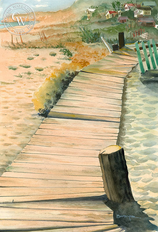 Crystal Cove, Looking North, watercolor painting by Steve Santmyer  (American art). Fine art giclée print reproduction by California Watercolor for wall decor.