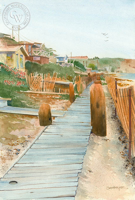 Crystal Cove, Looking South, watercolor painting by Steve Santmyer  (American art). Fine art giclée print reproduction by California Watercolor for wall decor.