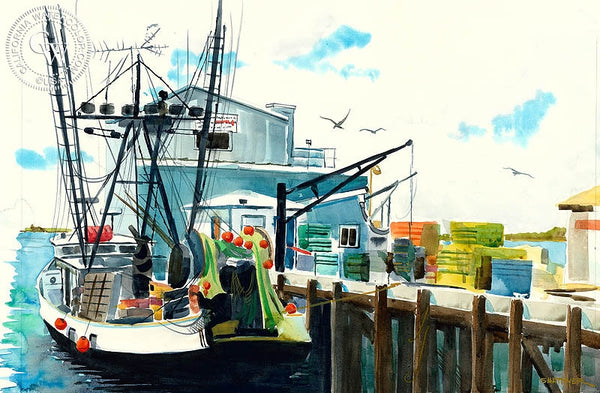 Docked, California art by Steve Santmyer. HD giclee art prints for sale at CaliforniaWatercolor.com - original California paintings, & premium giclee prints for sale
