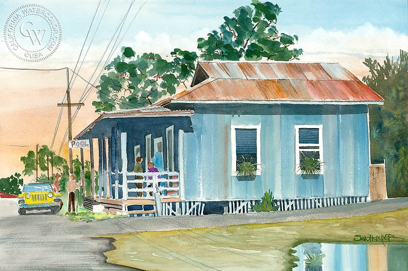 Filipino Pool Hall, Kona, HI, watercolor painting by Steve Santmyer  (American art). Fine art giclée print reproduction by California Watercolor for wall decor.