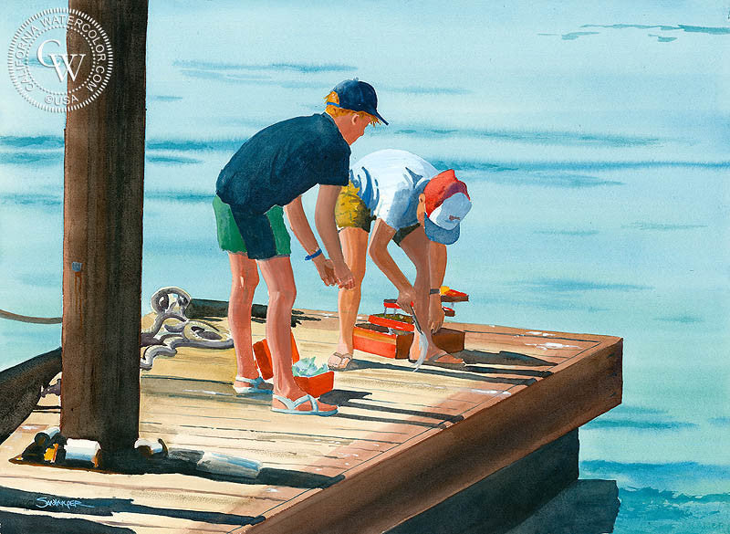 Fishing Buddies, watercolor painting by Steve Santmyer  (American art). Fine art giclée print reproduction by California Watercolor for wall decor.