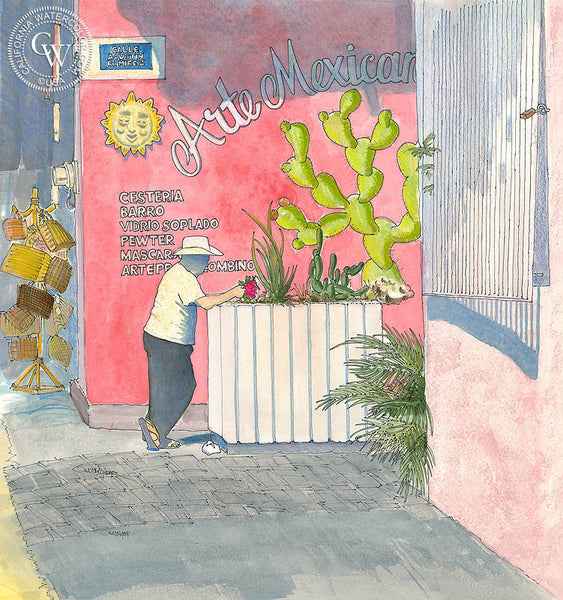 Flor Roja, by Steve Santmyer. An original California watercolor on paper featuring an old store front in Mexico.  This painting is available as a fine art giclée printed in high-definition on premium watercolor paper. - Californiawatercolor.com