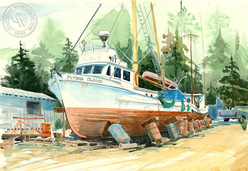 Flying Cloud, watercolor painting by Steve Santmyer  (American art). Fine art giclée print reproduction by California Watercolor for wall decor.
