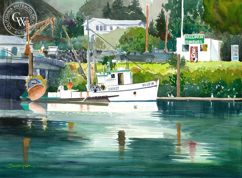 Hallmark Fisheries, Brookings, OR, watercolor painting by Steve Santmyer  (American art). Fine art giclée print reproduction by California Watercolor for wall decor.