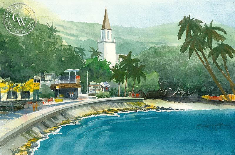 Kailua Village, watercolor painting by Steve Santmyer  (American art). Fine art giclée print reproduction by California Watercolor for wall decor.