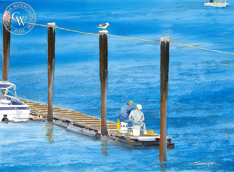 Keep an Eye on the Bird, watercolor painting by Steve Santmyer  (American art). Fine art giclée print reproduction by California Watercolor for wall decor.